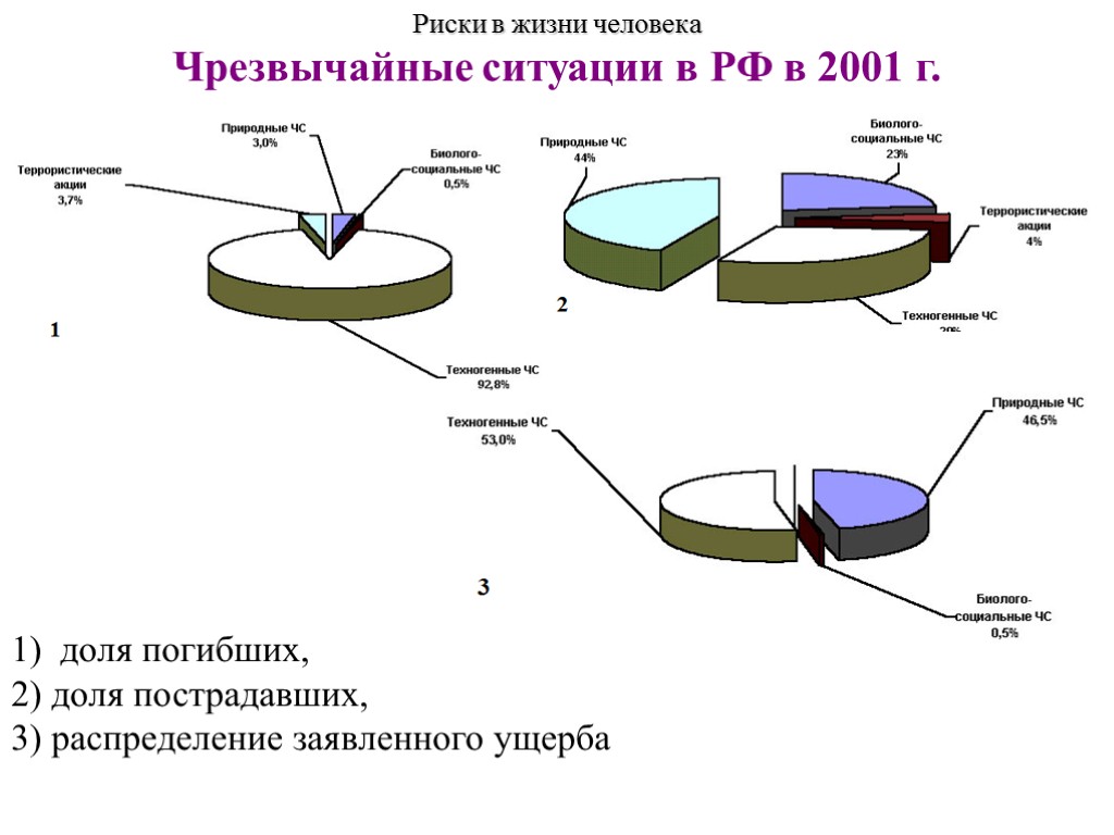 Риски в жизни человека Чрезвычайные ситуации в РФ в 2001 г. 1) доля погибших,